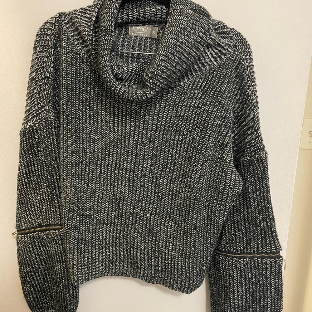 Black and White Turtleneck Zip Sleeve Cropped Sweater